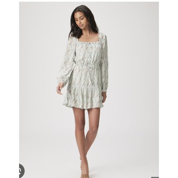 Paige Marjie Dress Womens 4 Green Floral Long Sleeve Tiered Button Front Mini - Picture 1 of 5